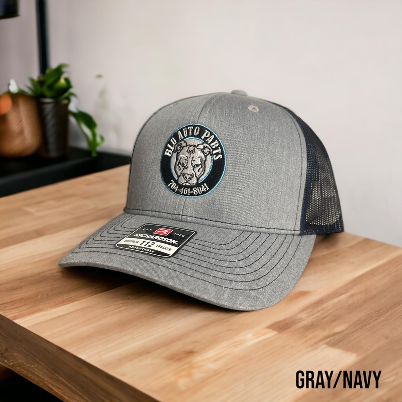 Blu Auto Parts Trucker Hat Gray/Navy Font
