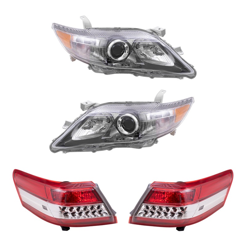 Brock Replacement Driver and Passenger Side Headlights with Smoked Lens & Quarter Mounted Tail Lights 4 Piece Set Compatible with 2010-2011 Camry SE USA Built ONLY