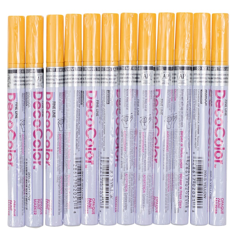 12 Pc Set Yellow Decocolor Fine Line Point Oil Based Glossy Opaque Paint Marker Pens on Metal Stone Glass Wood for Industrial Art Auto Trade