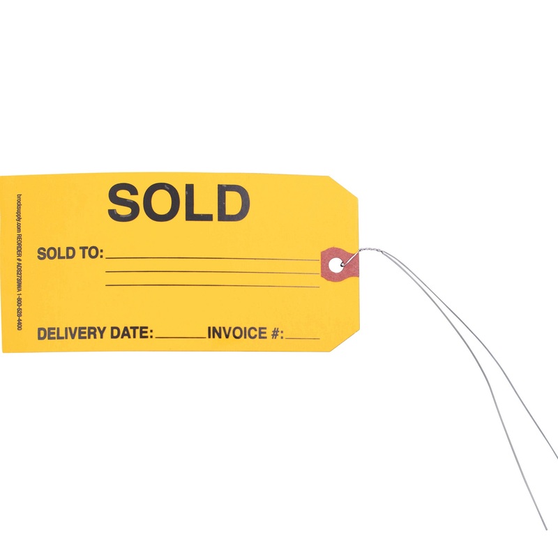 SOLD Parts Tag With Wire Attached – 5 3/4 Inch x 2 7/8 Inch Yellow Heavy Card Stock With Reinforced Eyelet- Includes Pen – 250 Tags Per Box