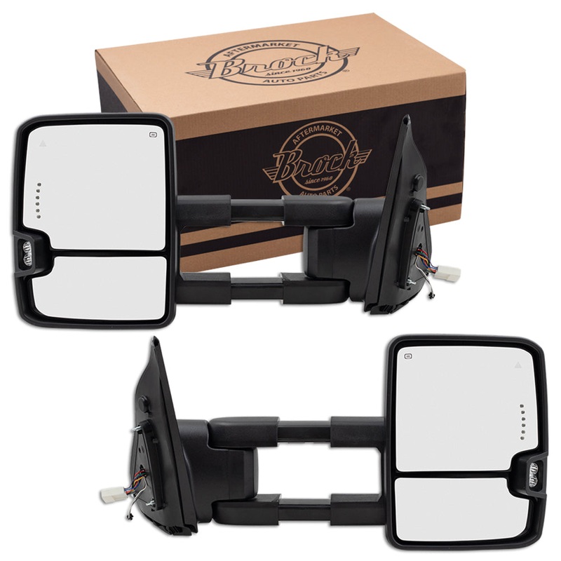 Brock Aftermarket Replacement Set of Performance Upgrade Black Towing Mirrors w/Heat-Manual-Telescopic Dual Arms-External Signal-Signal in glass-Clearance Lamp-BSD Compatible with 07-21 Toyota Tundra