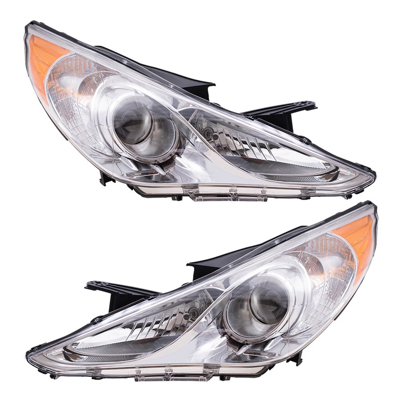Brock Replacement Driver and Passenger Halogen Combination Headlights Headlamps with Dark Chrome Housing Compatible with 11-14 Sonata 921013Q100 921023Q100