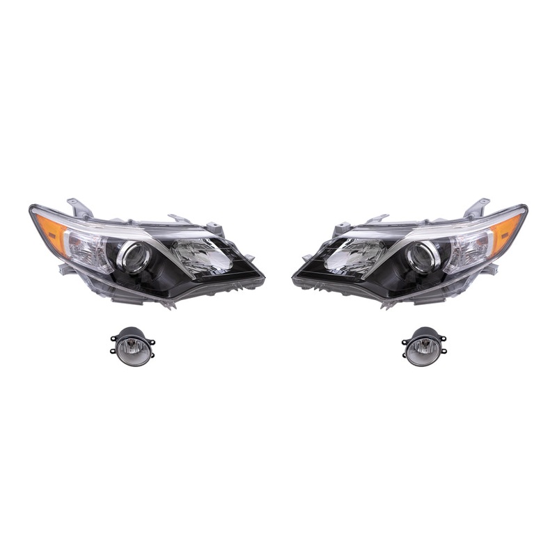 Brock Replacement Driver and Passenger Side Halogen Combination Headlights with Black Bezel and Fog Lights 4 Piece Set Compatible with 2012-2014 Camry SE/SE Sport