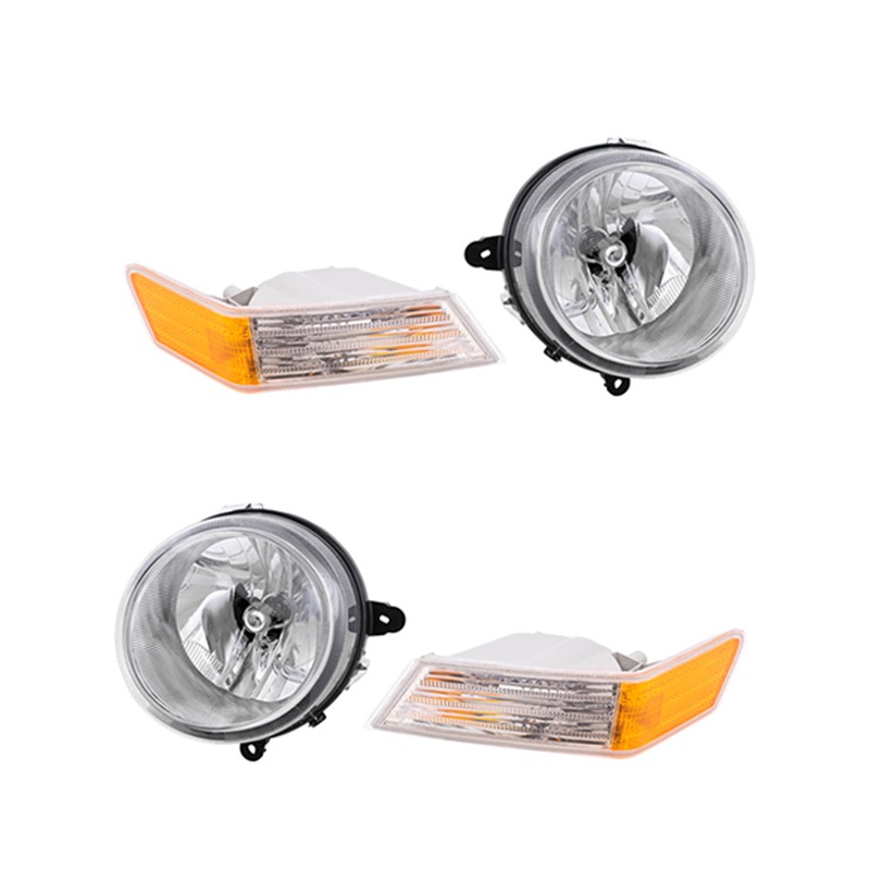 Brock Replacement Driver and Passenger Side Halogen Headlight Assemblies without Leveling and Park Signal Marker Lights 4 Piece Set Compatible with 2007-2017 Patriot