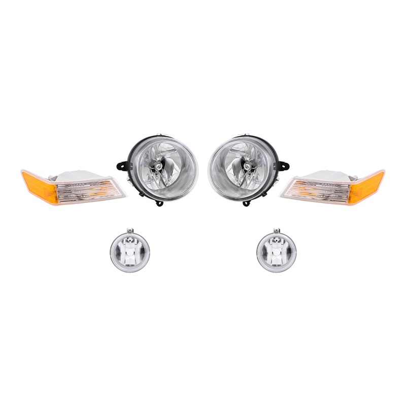 Brock Replacement Halogen Headlight Assemblies without Leveling, Park Signal Marker Lights and Fog Lights 6 Piece Set Compatible with 2010 Patriot