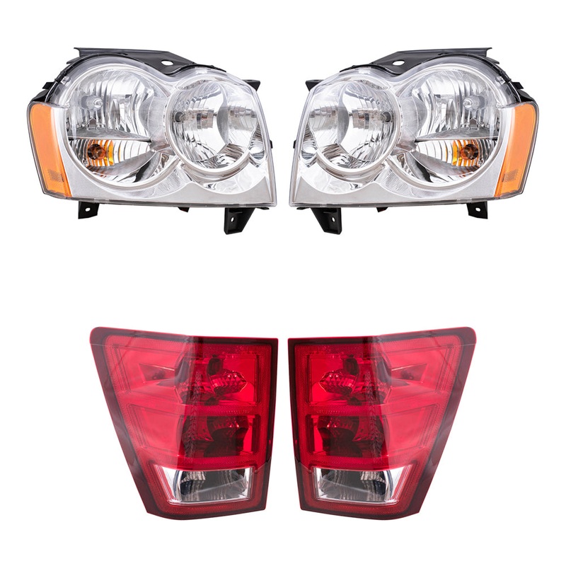 Brock Replacement Driver and Passenger Side Halogen Combination Headlight Assemblies and Tail Light Assemblies 4 Piece Set Compatible with 2005-2006 Grand Cherokee