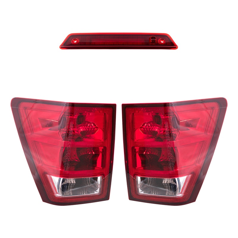 Brock Replacement Driver and Passenger Side Tail Light Assemblies with Bulbs, Sockets & Wiring, and 3rd Brake Light 3 Piece Set Compatible with 2005-2006 Grand Cherokee