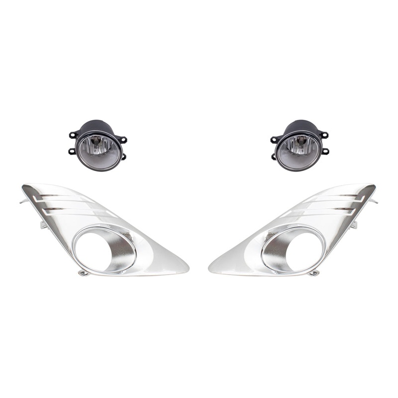 Brock Replacement Driver and Passenger Side Fog Light Asemblies and Chrome Fog Light Hole Covers 4 Piece Set Compatible with 2012-2014 Camry L/LE/XLE