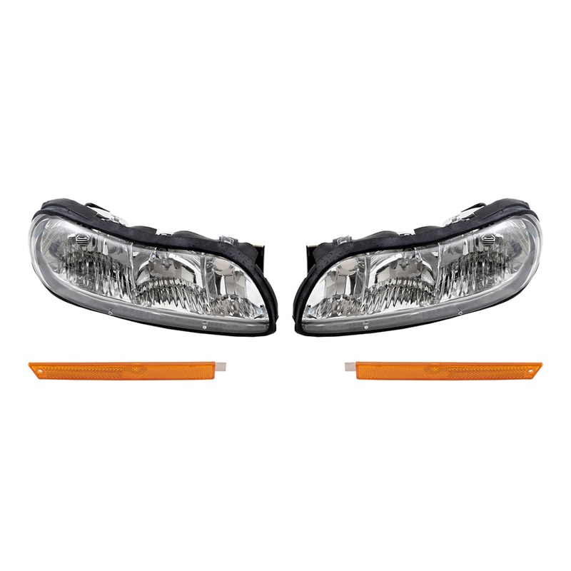 Brock Replacement Driver and Passenger Side Halogen Combination Headlight Assemblies and Side Marker Light Units Compatible with 1997-2003 Malibu/ 2004-2005 Malibu Classic/ 1997-1999 Cutlass