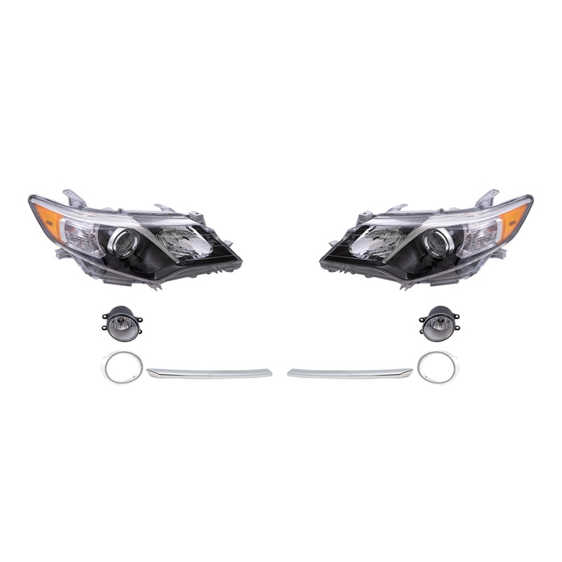 Brock Replacement Driver and Passenger Side Halogen Combination Headlights, Fog Lights, Chrome Fog Light Brackets and Fog Light Bezel Moldings 8 Piece Set Compatible with 2012-2014 Camry SE/SE Sport
