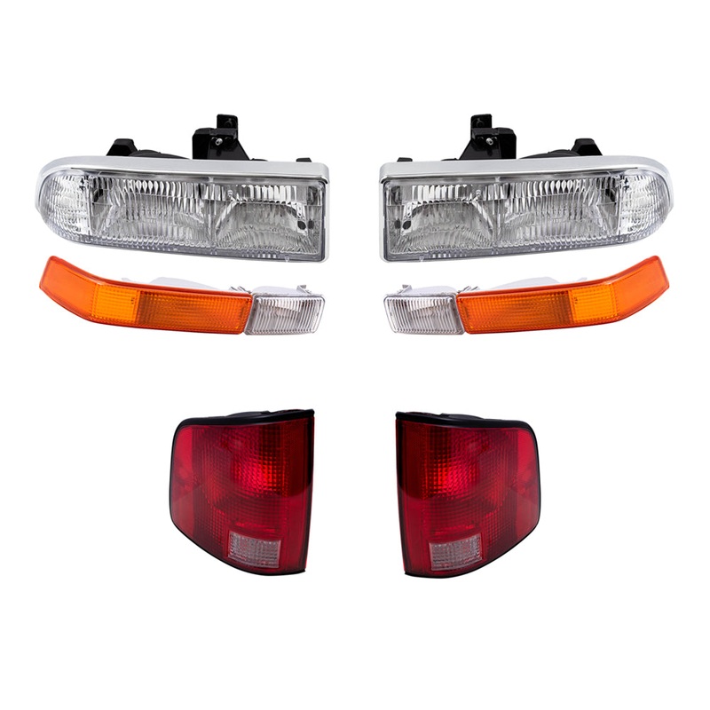 Brock Replacement Driver and Passenger Side Headlights, Park Signal Fog Lights and Tail Lights with Black Edge 6 Piece Set Compatible with 1998-2004 S10