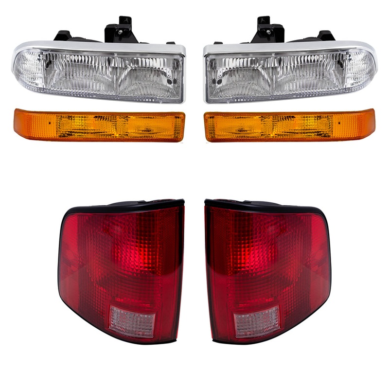 Brock Replacement Driver and Passenger Side Headlights, Park Signal Lights without Fog Lights and Tail Lights with Black Edge 6 Piece Set Compatible with 1998-2004 S10