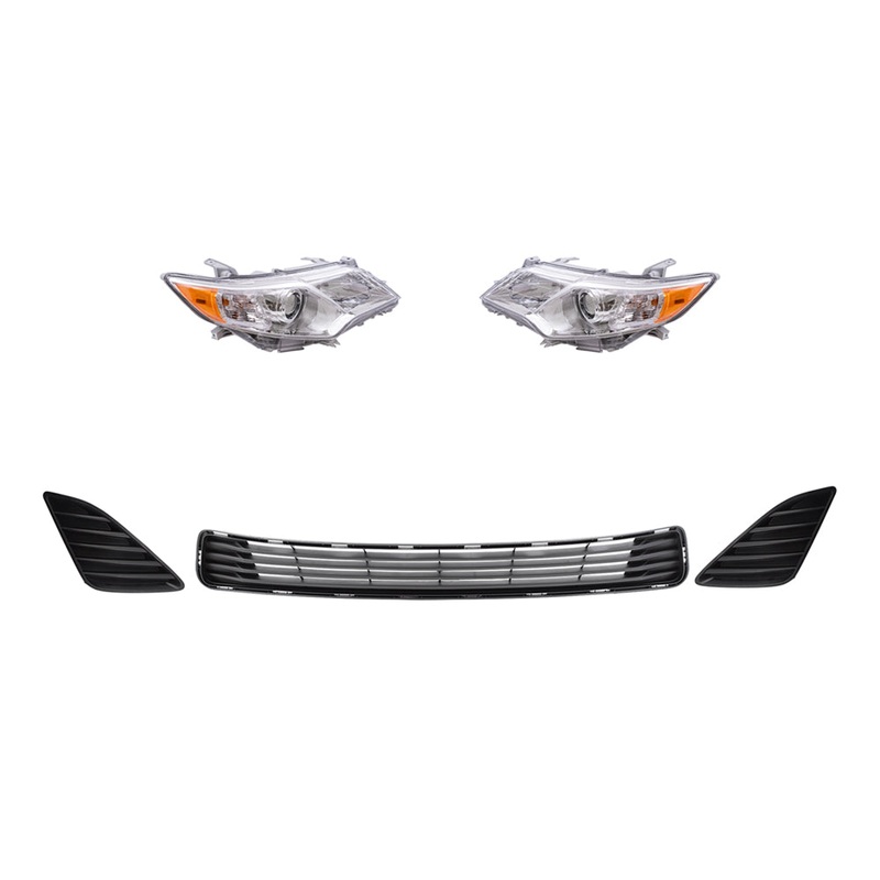 Brock Replacement Driver and Passenger Side Headlights with Chrome Bezel, Black Fog Light Hole Covers and Front Lower Center Bumper Grille 5 Pc Set Compatible with 2012-2014 Camry L/LE/XLE
