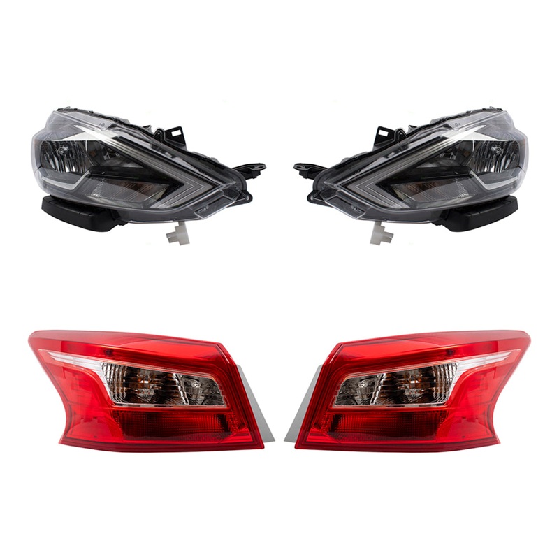 Brock Aftermarket Replacement Driver Left Passenger Right Headlight and Tail Light Assembly 4 Piece Set Compatible With 2016-2019 Nissan Sentra