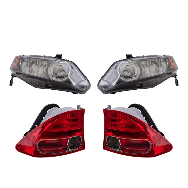 Brock Replacement Halogen Headlights with Tail Lights Compatible with 2006 2007 2008 Civic Sedan 1.8L 2.0L