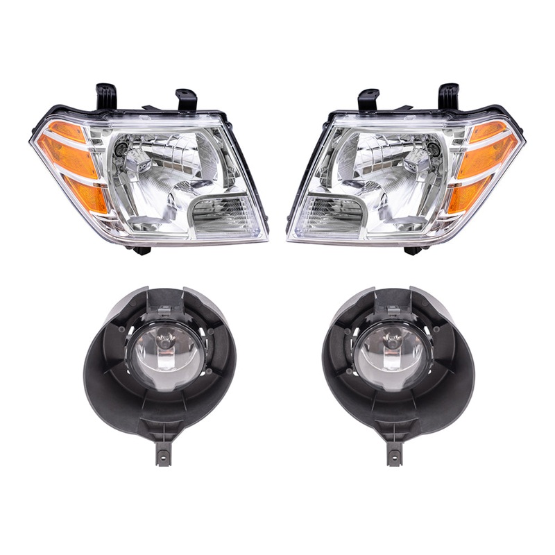 Brock Replacement Driver and Passenger Side Halogen Combination Headlights and Fog Lights 4 Piece Set Compatible with 2009-2019 Frontier with Steel Bumper