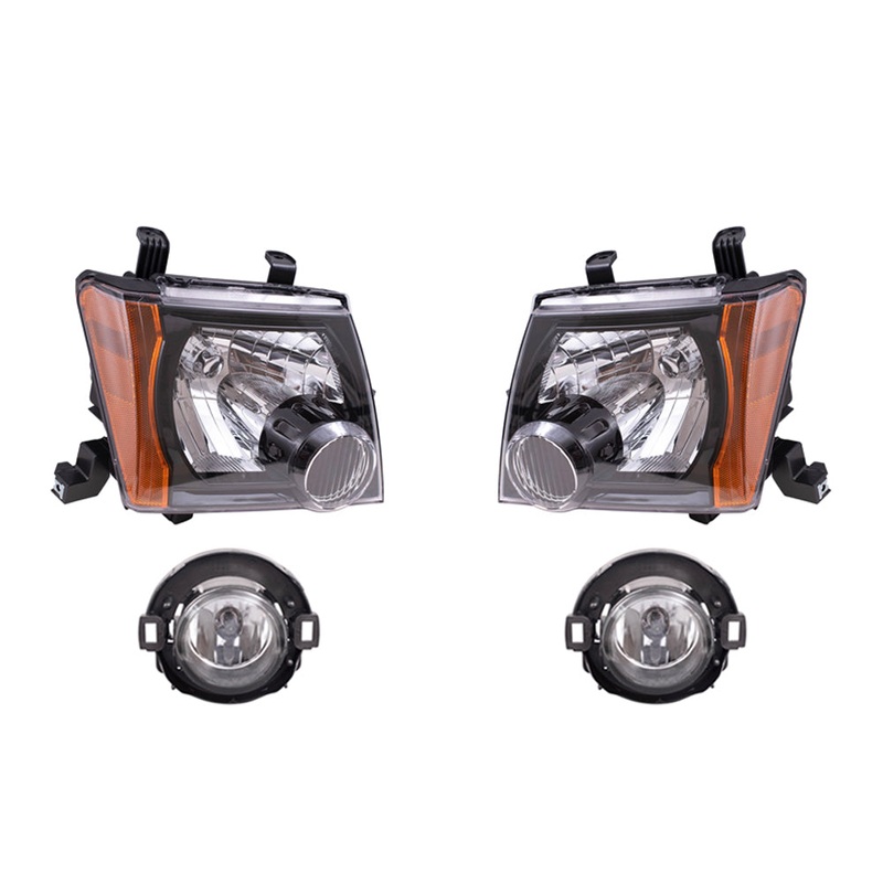 Brock Replacement Driver and Passenger Side Halogen Combination Headlights with Black Bezels and Fog Lights 4 Piece Set Comaptible with 2009-2015 Xterra S/X Models