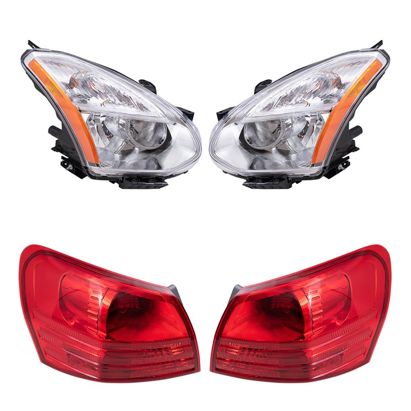 Brock Replacement Driver and Passenger Side Halogen Combination Headlights with Chrome Bezel and Tail Light Assemblies Quarter Mounted 4 Piece Set Compatible with 2011-2013 Rogue