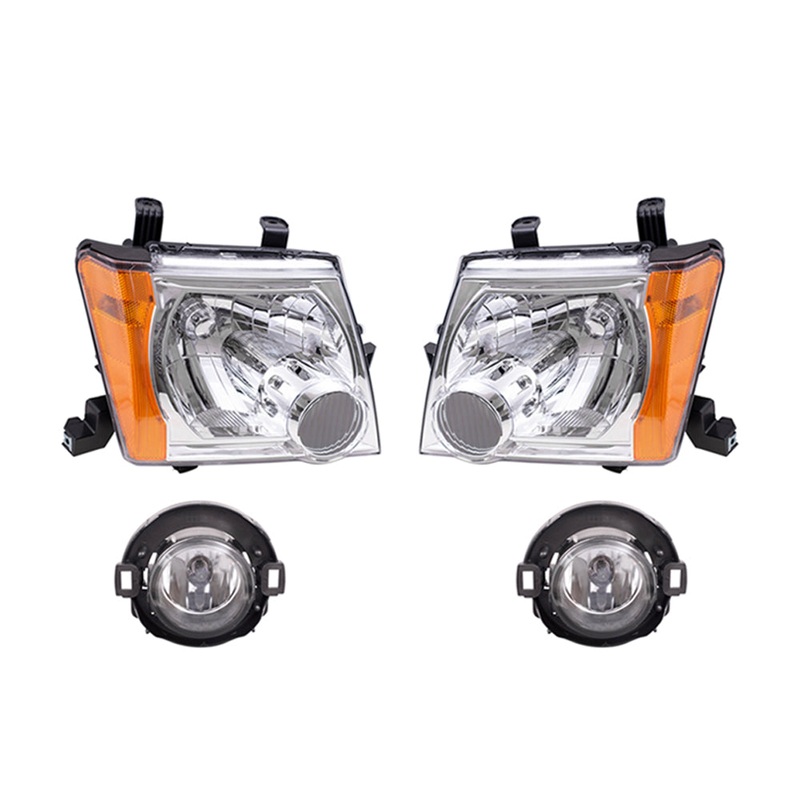 Brock Replacement Driver and Passenger Side Halogen Combination Headlights with Chrome Bezels and Fog Lights 4 Piece Set Comaptible with 2005-2008 Xterra