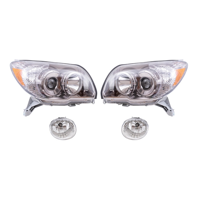 Brock Replacement Driver and Passenger Side Halogen Combination Headlight Units with Chrome Bezel and Fog Light Units 4 Piece Set Comaptible with 2006-2009 4Runner Sport