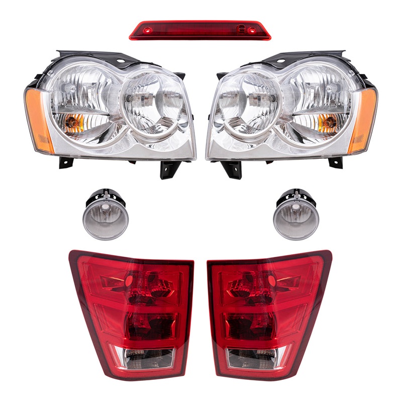 Brock Replacement Driver and Passenger Side Halogen Combination Headlight Assemblies, Fog Light Assemblies, Tail Light Units and 3rd Brake Light 7 Piece Set Compatible with 2005-2006 Grand Cherokee