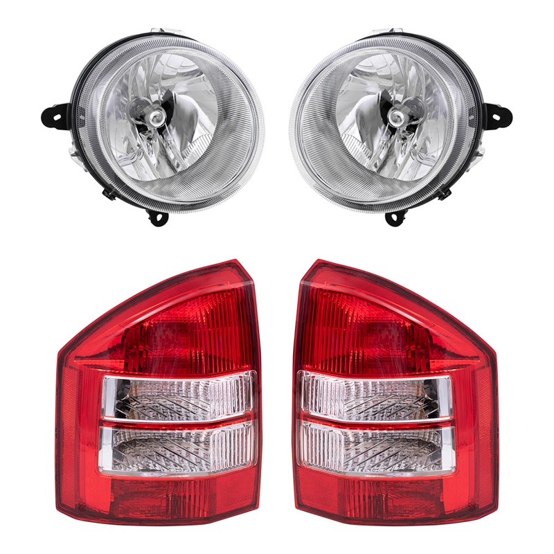 Brock Replacement Driver and Passenger Side Halogen Headlight Assemblies without Leveling and Tail Lights 4 Piece Set Compatible with 2007-2010 Compass