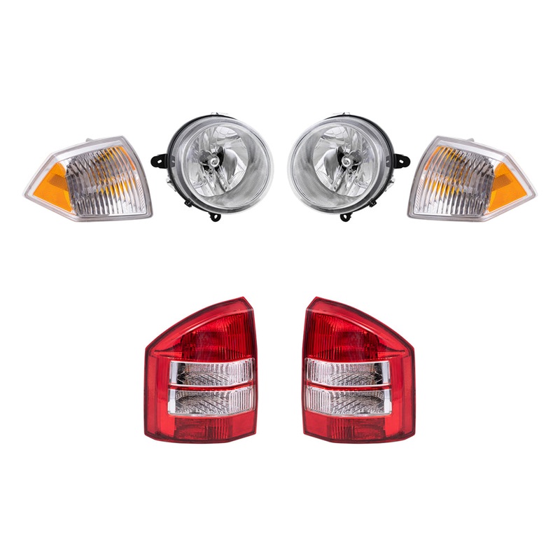 Brock Replacement Halogen Headlight Assemblies without Leveling, Park Signal Marker Lights and Tail Lights 6 Piece Set Compatible with 2007-2010 Compass