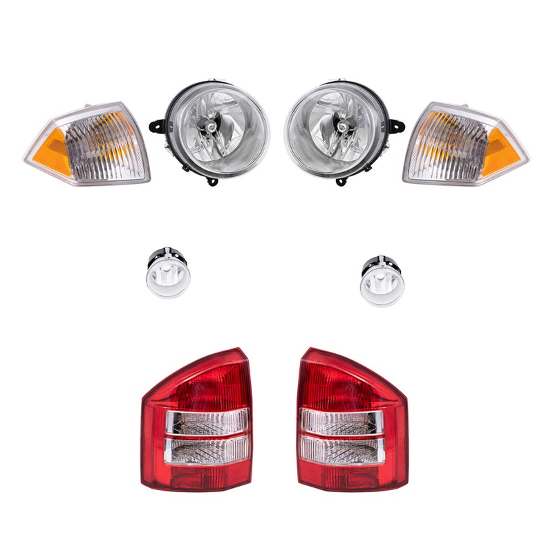 Brock Replacement Halogen Headlight Assemblies without Leveling, Park Signal Marker Lights, Fog Lights and Tail Lights 8 Piece Set Compatible with 2010 Compass