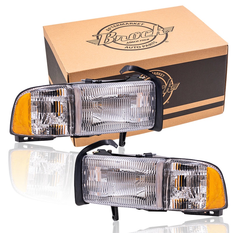 Brock Aftermarket Replacement Driver and Passenger Halogen Combination Headlight and Corner Light Assembly Set Compatible with 1994-2002 Dodge Ram without Sport PackageFt