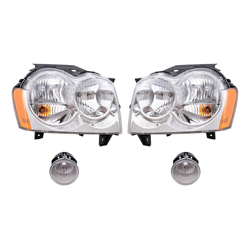 Brock Replacement Driver and Passenger Side Halogen Combination Headlight Assemblies and Fog Light Assemblies 4 Piece Set Compatible with 2005-2007 Grand Cherokee