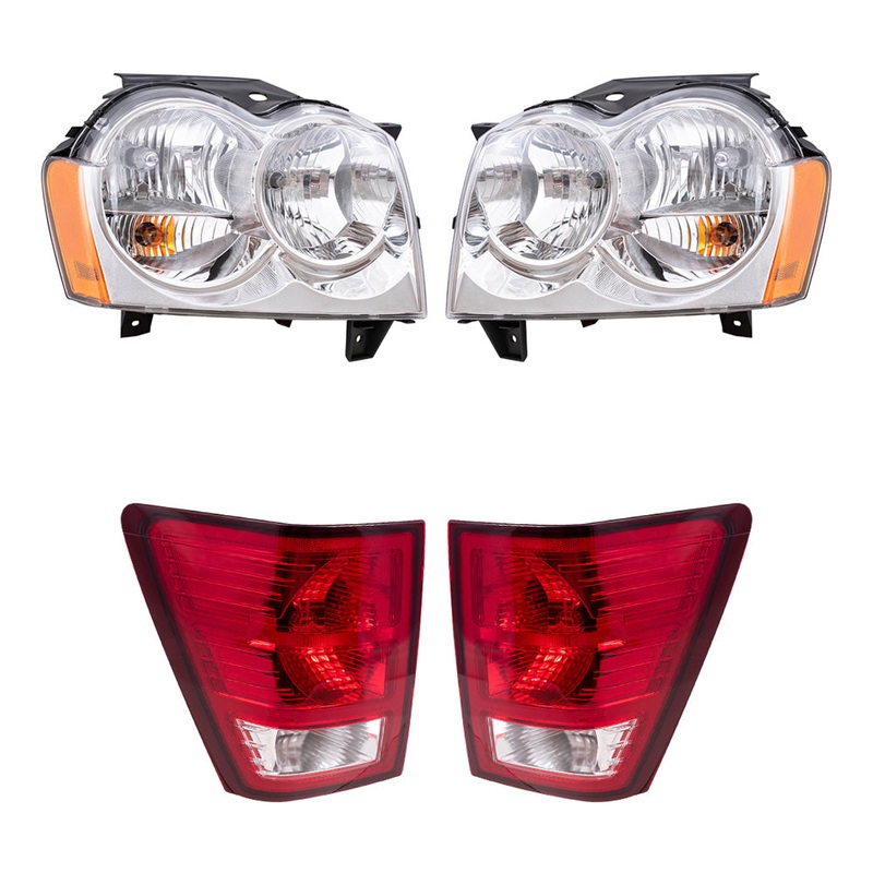 Brock Replacement Driver and Passenger Side Halogen Combination Headlight Assemblies and Tail Light Assemblies 4 Piece Set Compatible with 2007 Grand Cherokee