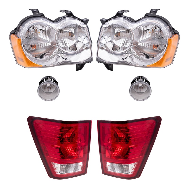 Brock Replacement Driver and Passenger Side Halogen Combination Headlight Assemblies, Fog Light Assemblies and Tail Light Assemblies 6 Piece Set Compatible with 2008-2010 Grand Cherokee