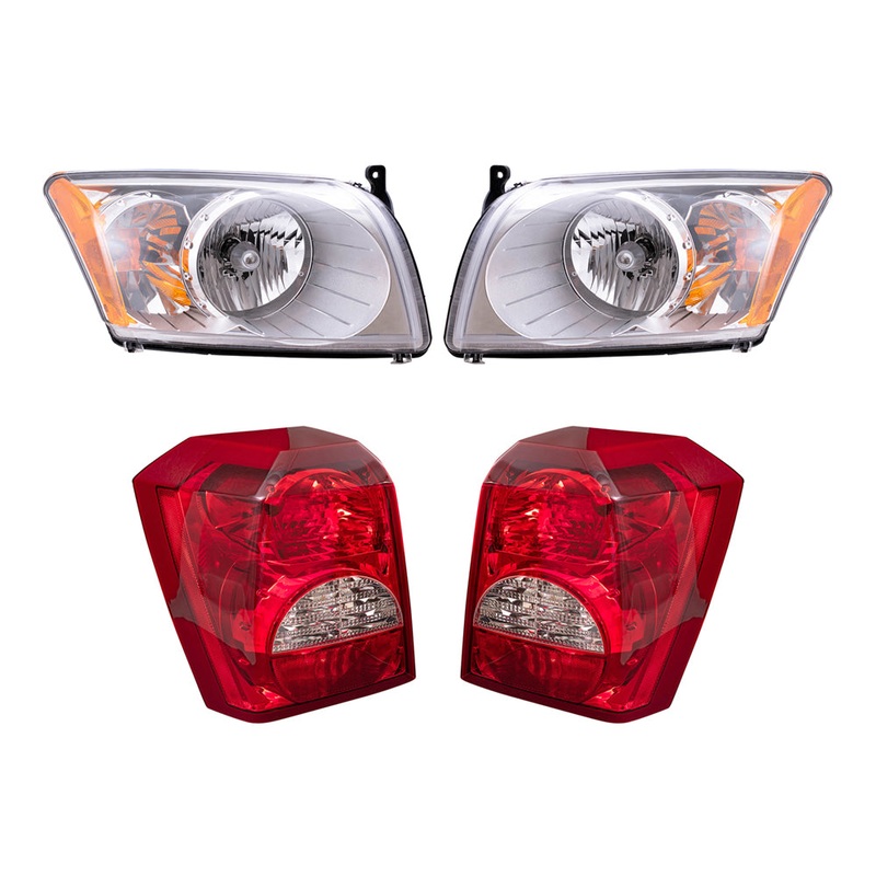 Brock Replacement Driver and Passenger Side Halogen Combination Headlight Assembly and Tail Light Assembly 4 Piece Set Compatible with 2008-2012 Caliber