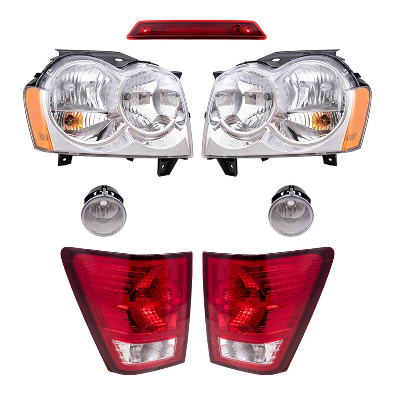 Brock Replacement Driver and Passenger Side Halogen Combination Headlights, Fog Lights & Tail Lights, and 3rd Brake Light 7 Piece Set Compatible with 2007 Grand Cherokee