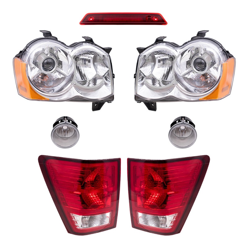 Brock Replacement Driver and Passenger Side HID Combination Headlights, Fog Lights, Tail Lights and 3rd Brake Light 7 Piece Set Compatible with 2008-2010 Grand Cherokee