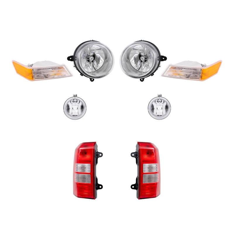 Brock Replacement Halogen Headlight Assemblies without Leveling, Park Signal Marker Lights, Fog Lights and Tail Light Assemblies 8 Piece Set Compatible with 2010 Patriot