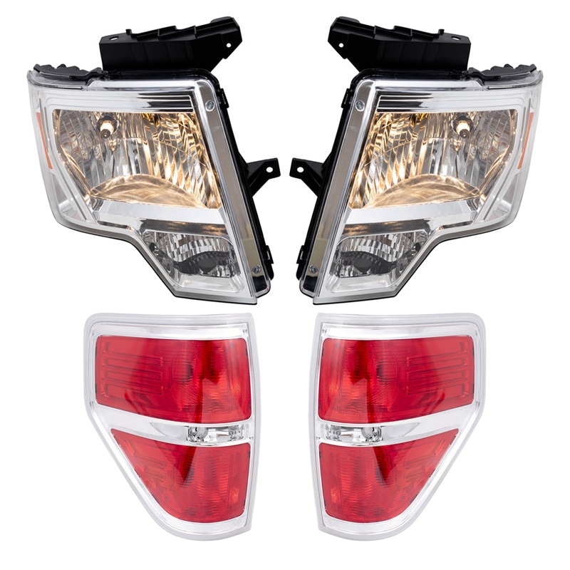 Brock Aftermarket Replacement Part Driver & Passenger Side Halogen Combination Headlights with Chrome Trim & Tail Lights with Chrome Trim Performance Set Compatible with 2009-2014 Ford F-150 Styleside