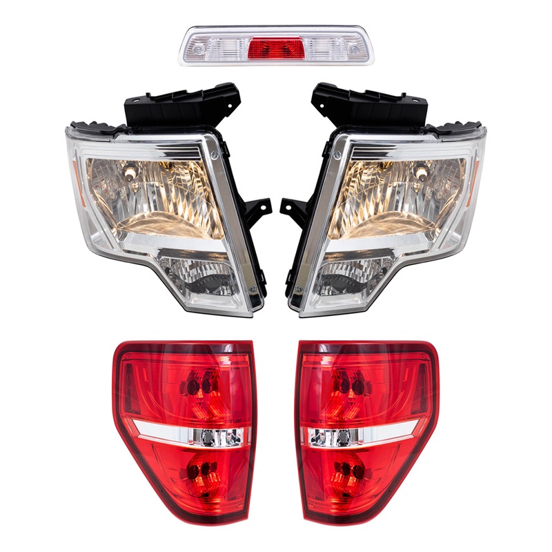 Brock Replacement Driver & Passenger Side Halogen Combination Headlights, Tail Lights, & 3rd Brake Light 5 Pc Performance Set Compatible with 09-14 Ford F-150 Styleside