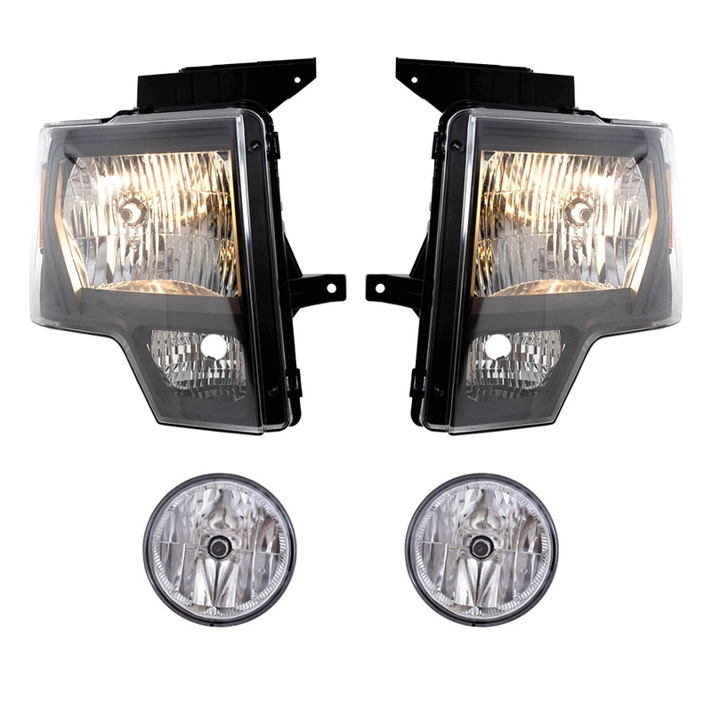 Brock Aftermarket Replacement Driver Left Passenger Right Halogen Combination Headlight Assembly With Black Bezel And Fog Lights 4 Piece Performance Set Compatible With 2011-2014 Ford F-150