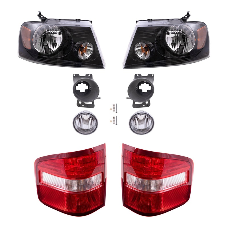 Brock Aftermarket Replacement Driver Left Passenger Right Halogen Combination Headlights-Round Fog Lights-Mounting Brackets-Flareside Tail Lights 8 Piece Set Compatible with 2006-2008 Ford F-150