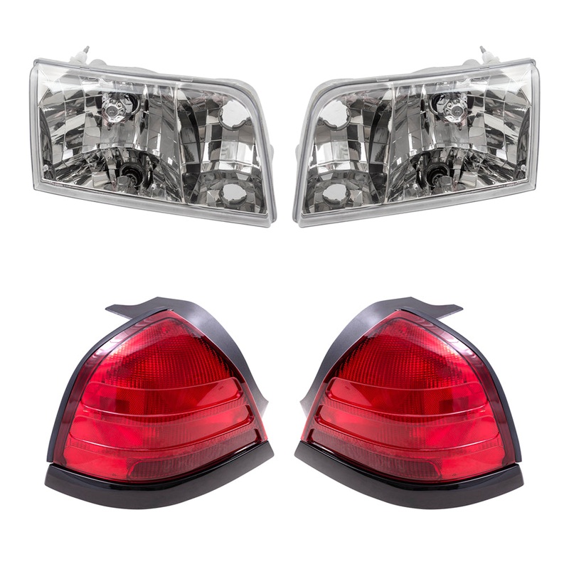 Brock Aftermarket Replacement Driver Left Passenger Right Halogen Headlights and Tail Lights with Red Lens-Black-Trim-2 Bulbs 4 Piece Set Compatible with 1999-2011 Ford Crown Victoria
