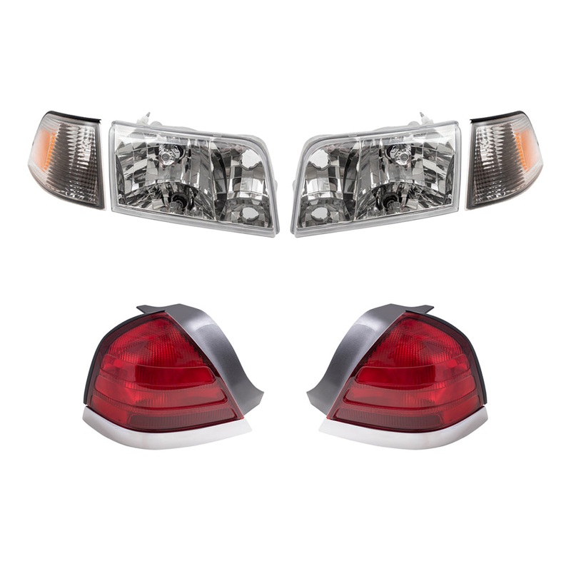 Brock Aftermarket Replacement Driver Left Passenger Right Halogen Headlights-Tail Lights with Red Lens-Chrome Trim-2 Bulb Sockets 4 Piece Set Compatible with 1999-2011 Ford Crown Victoria