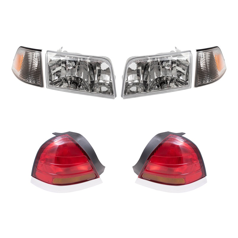 Brock Aftermarket Replacement Driver Left Passenger Right Headlights-Park/Side Marker Lights -Tail Lights with Red-Amber Lens-4 Bulb Sockets 6 Pc Set Compatible with 1998-2003 Ford Crown Victoria