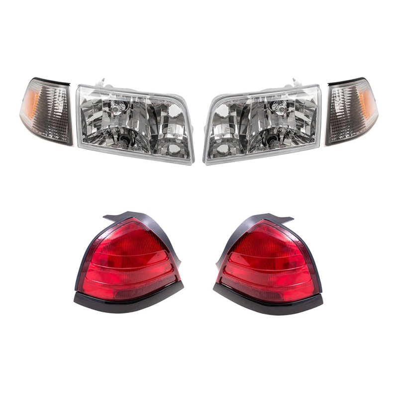 Brock Aftermarket Replacement Driver Left Passenger Right Headlights, Park/Side Marker Lights, & Tail Lights with Red Lens-Black-Trim-2 Bulbs 6 Pc Set Compatible with 1999-2011 Ford Crown Victoria
