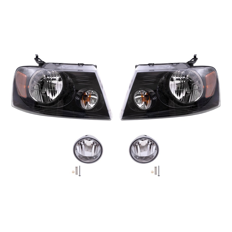 Brock Aftermarket Replacement Driver Left Passenger Right Headlights with Black Bezel and Round Fog Lights 4 Piece Set Compatible with 2006-2008 Ford F-150