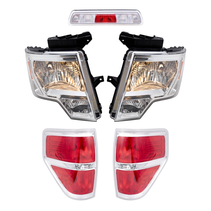 Brock Aftermarket Replacement Part Driver & Passenger Side Halogen Combination Headlights, Tail Lights, & 3rd brake Light Unit 5 Pc Performance Set Compatible with 2009-2014 Ford F-150 Styleside