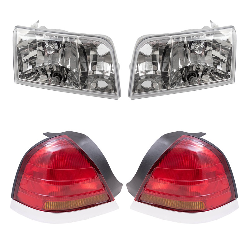 Brock Aftermarket Replacement Part Driver & Passenger Side Halogen Headlight Assemblies and Tail Light Units with Red-Amber Lens-4 Bulbs 4 Piece Set Compatible with 1999-2011 Ford Crown Victoria
