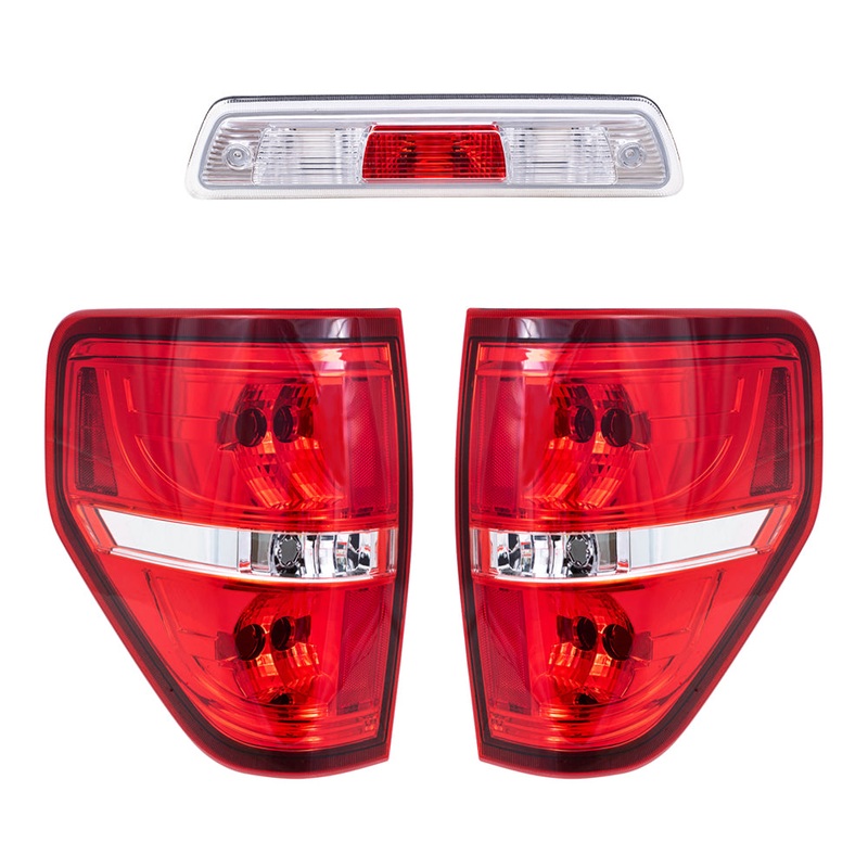 Brock Replacement Driver and Passenger Side Tail Light Units with Red Trim Smoked & 3rd Brake Light Unit 3 Piece Performance Set compatible with 2009-2014 Ford F-150 Styleside