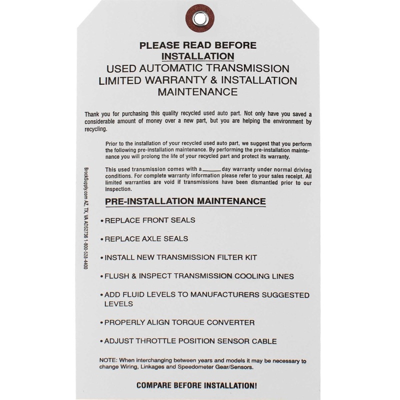 USED AUTOMATIC TRANSMISSION LIMITED WARRANTY & INSTALLATION MAINTENANCE Parts Tag 7 1/4 Inch x 4 Inch White Heavy Card Stock With Reinforced Eyelet – 500 Tags Per Box
