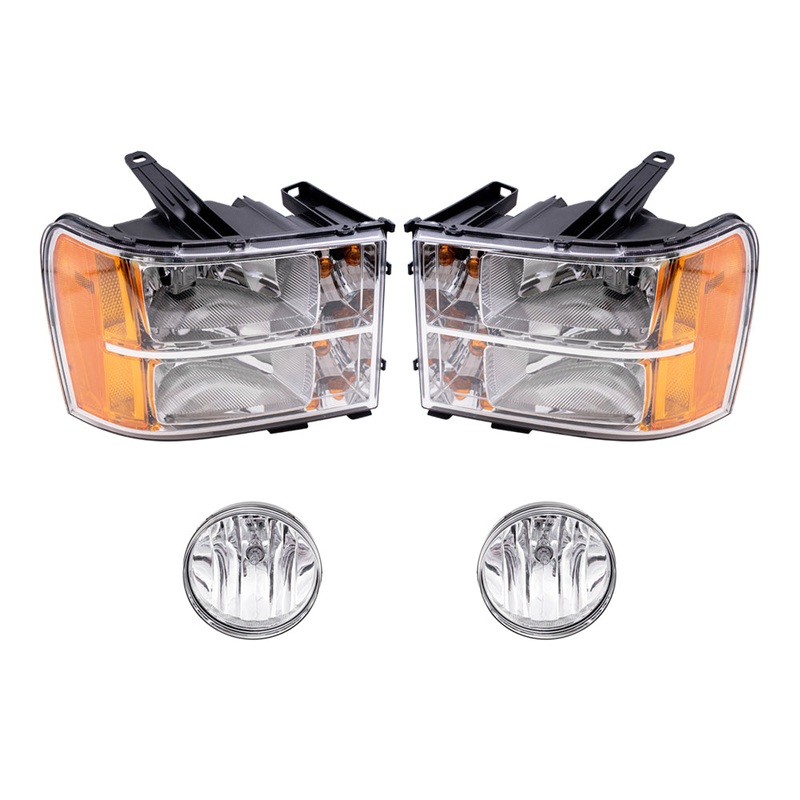 Brock Replacement Driver and Passenger Side Headlights and Fog Lights 4 Piece Set Compatible with 2007-2013 Sierra 1500 & 2007-2014 Sierra 2500/3500